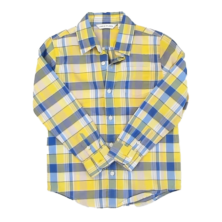 Janie and Jack Boys Yellow | Blue Plaid Button Down Long Sleeve Size: 5T Yellow | Blue Plaid