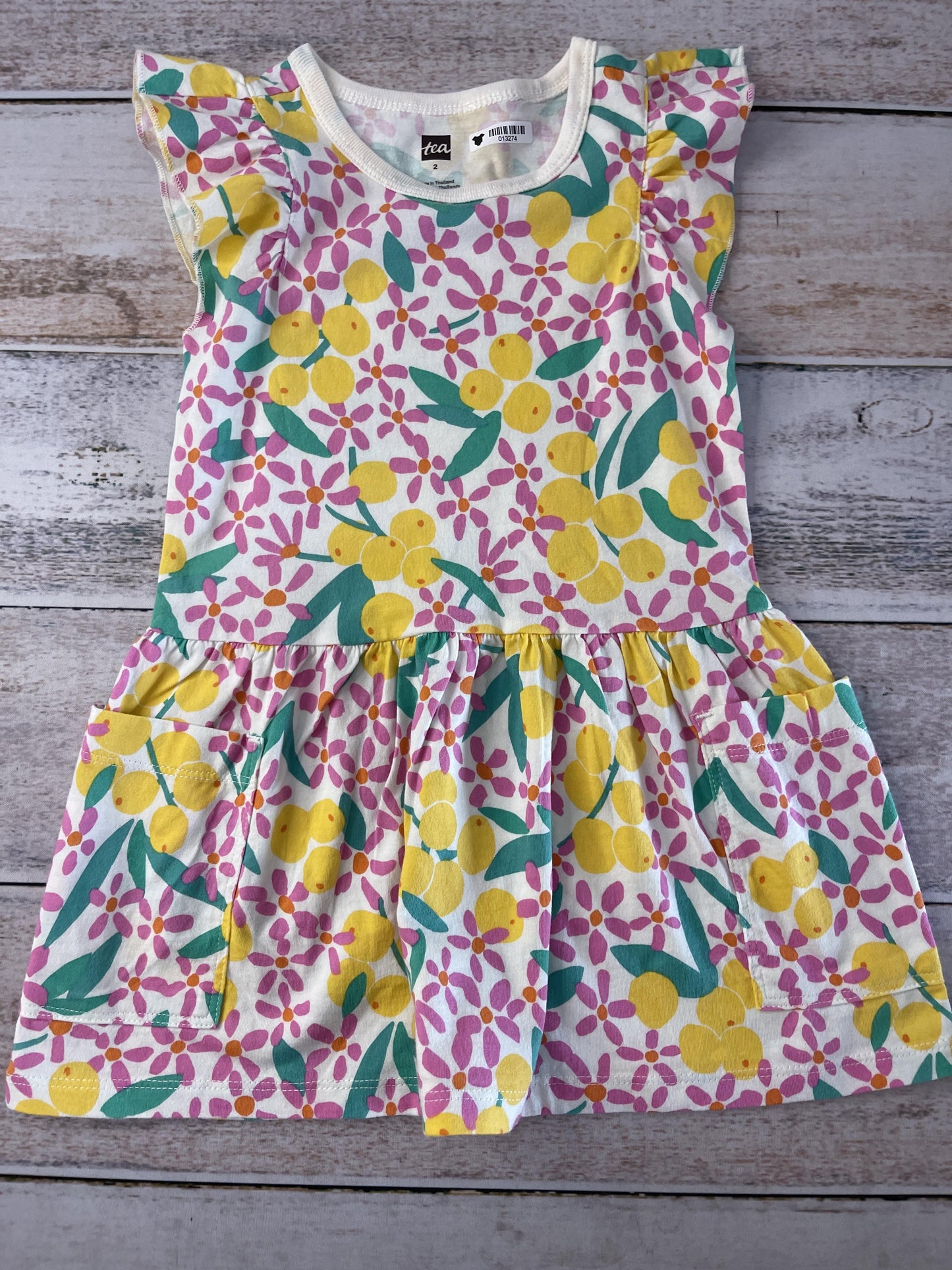 Tea Girls Yellow | light green | pink | White Dress Size: 2T Yellow | light green | pink | White