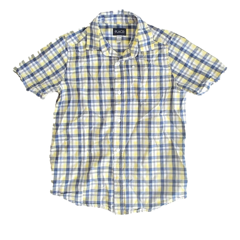 The Children's Place Boys Yellow | Navy Plaid Button Down Short Sleeve Size: 10-12 Years Yellow | Navy Plaid
