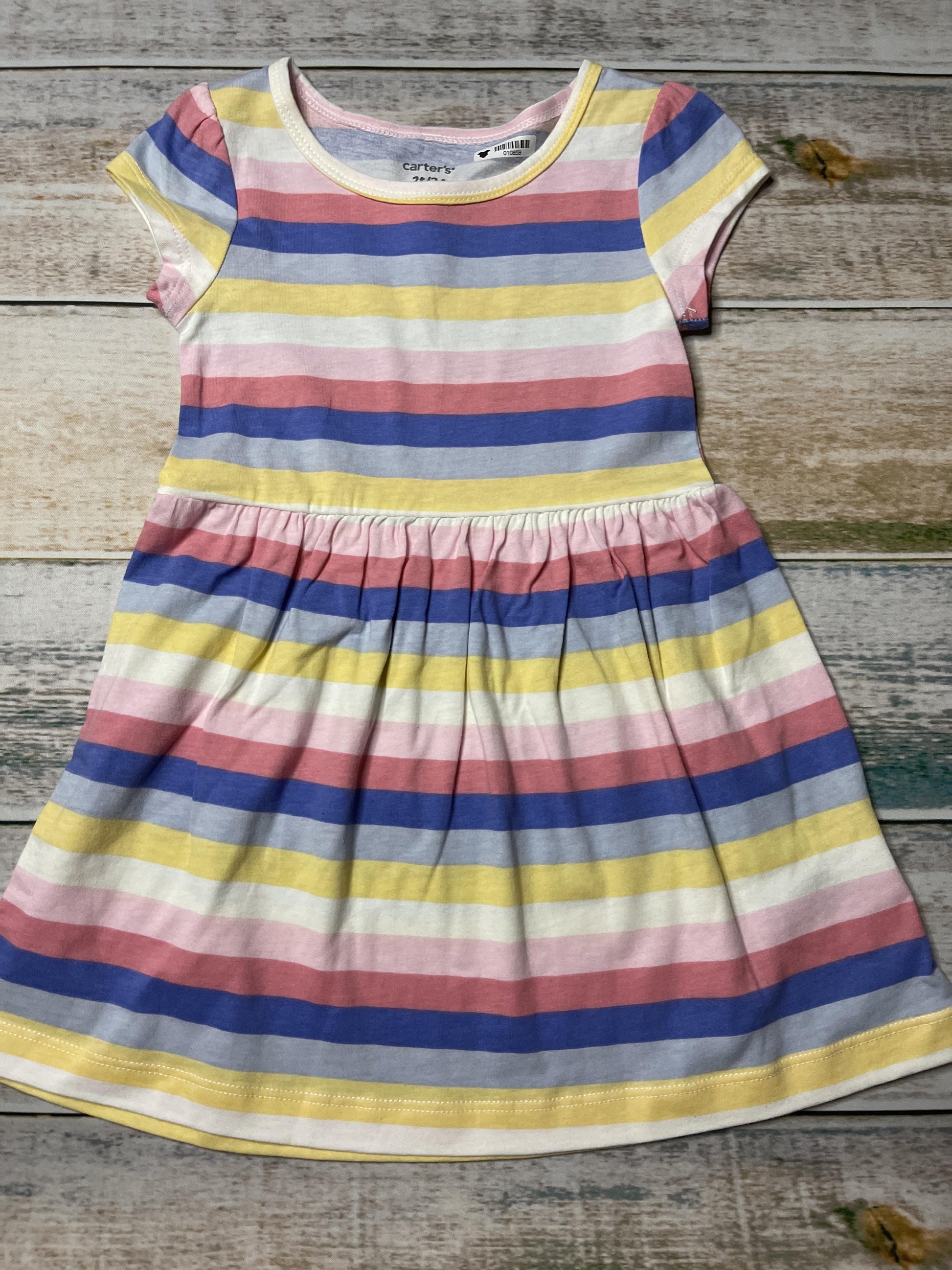 Carters Girls Yellow | pink | Light Blue | Navy Blue | White | Stripe Dress Size: 2T Yellow | pink | Light Blue | Navy Blue | White | Stripe