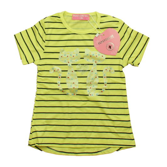 Peperoncino Girls Yellow Stripe Cats T-Shirt Size: 24 Months Yellow Stripe Cats