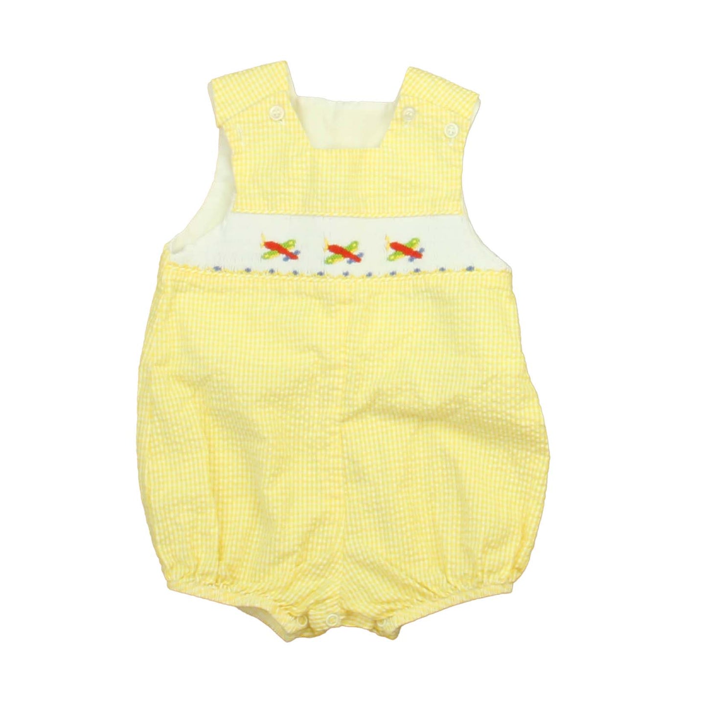 The Bailey Boys Boys Yellow | White | Smocked Red Airplanes Romper Size: 9 Months Yellow | White | Smocked Red Airplanes