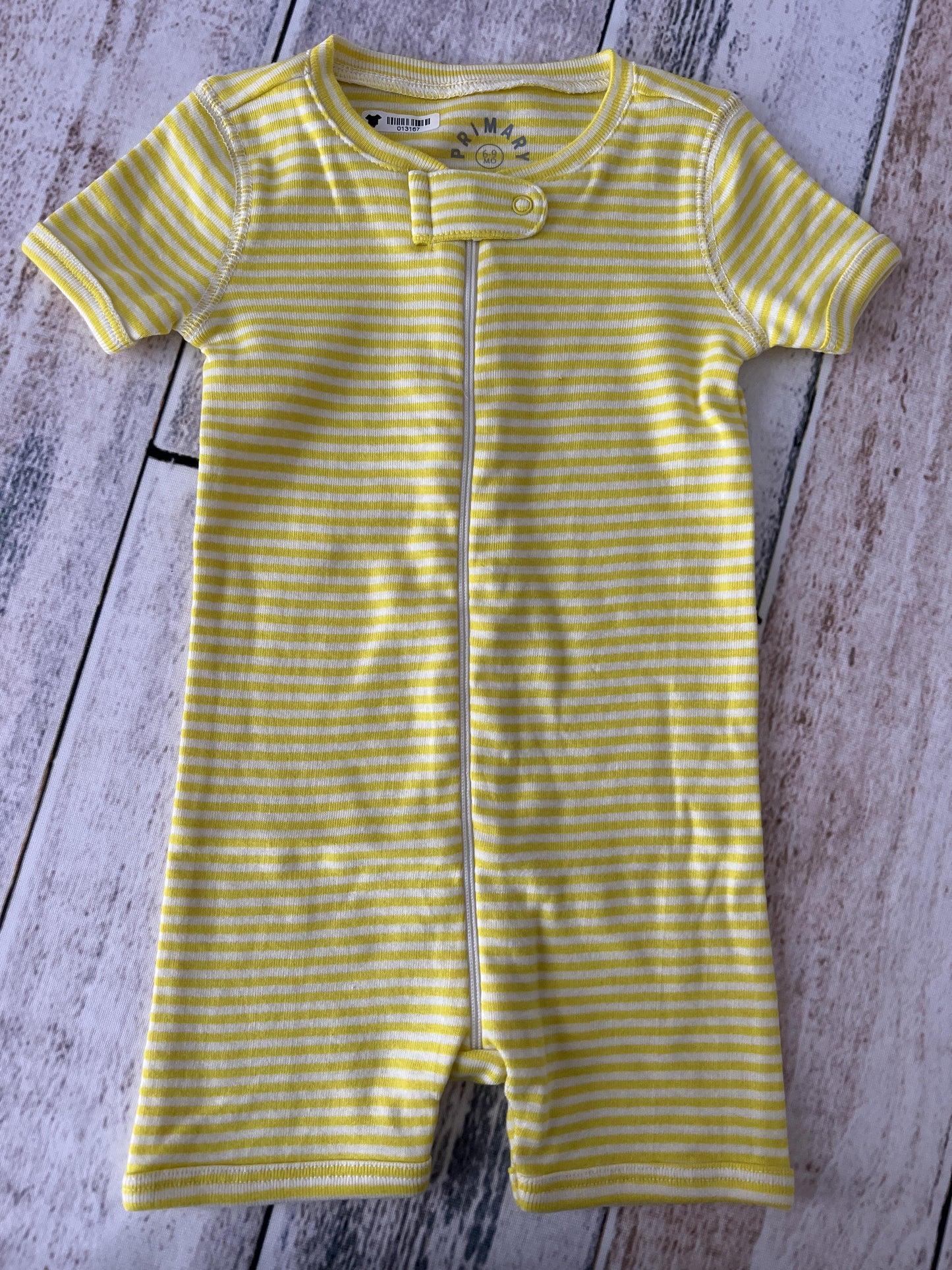 Primary Unisex Yellow | White | Stripe Romper Size: 6-9 months Yellow | White | Stripe